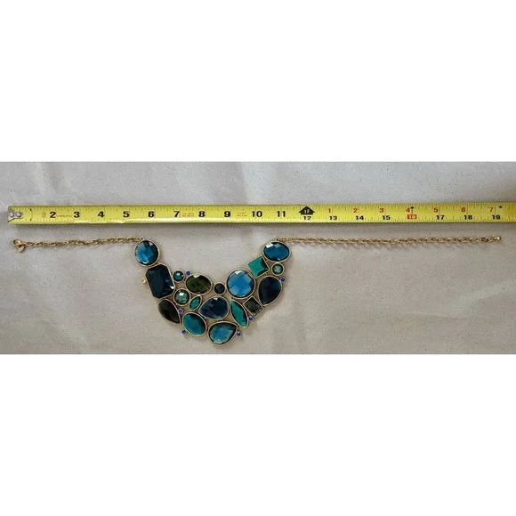 Vintage Joan Rivers Blue Teal Crystal Bib Necklace Gold Tone Statement - Picture 6 of 7
